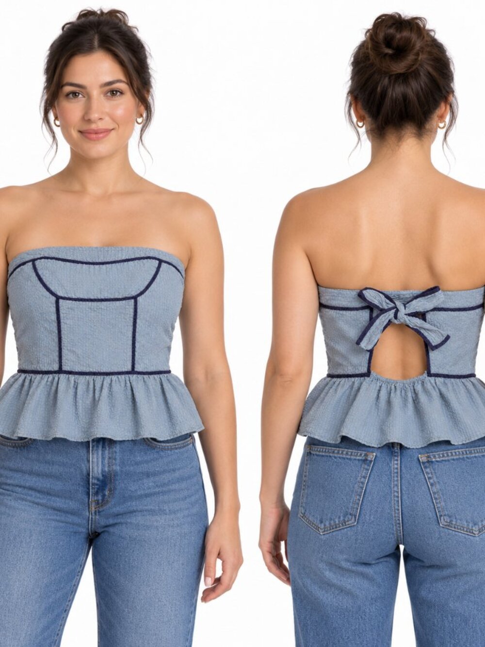 Free People Tara Tube Top XL Blue Cotton Seersucker Peplum Bow Back Strapless